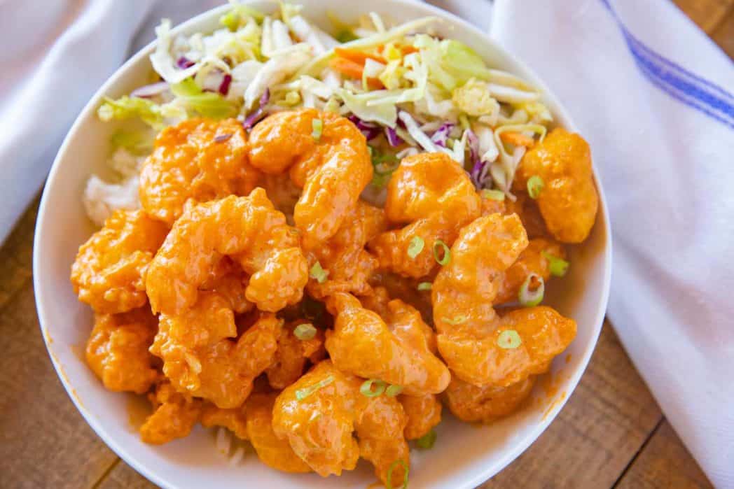 Serving bowl of shrimp and slaw