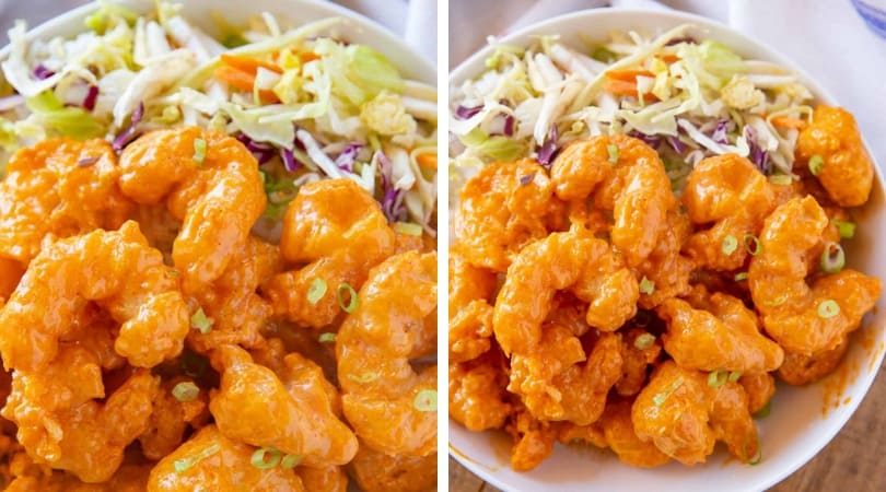 side-by-side photo of finished shrimp
