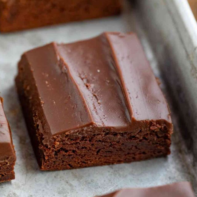 closeup of brownies in baking tray