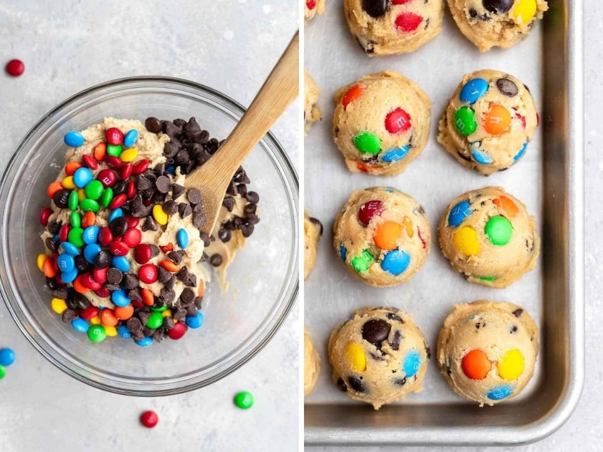 M&M Cookies batter in mixing bowl and dough balls on baking sheet