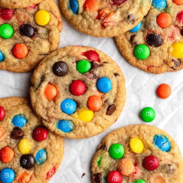 M&M Cookies on baking sheet