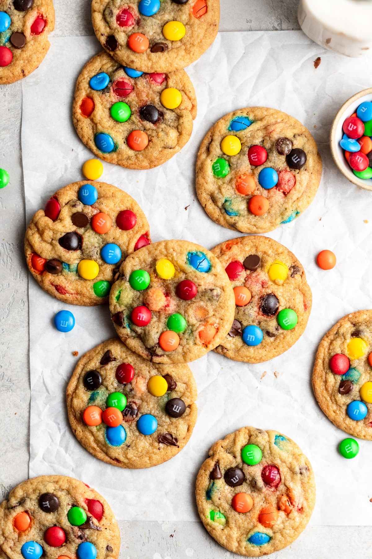 M&M Cookies on baking sheet