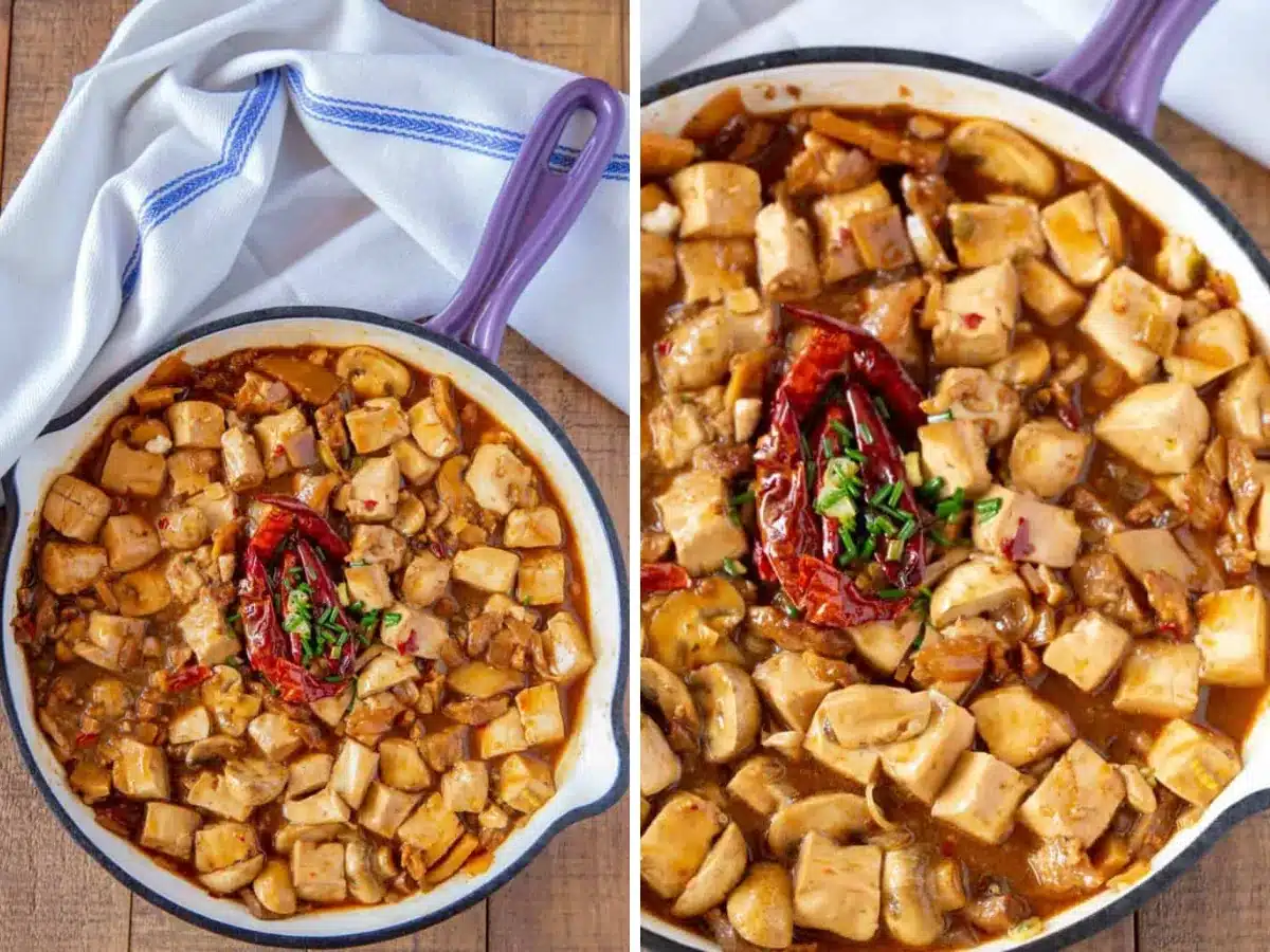 collage of tofu in purple skillet and dished up in bowl 