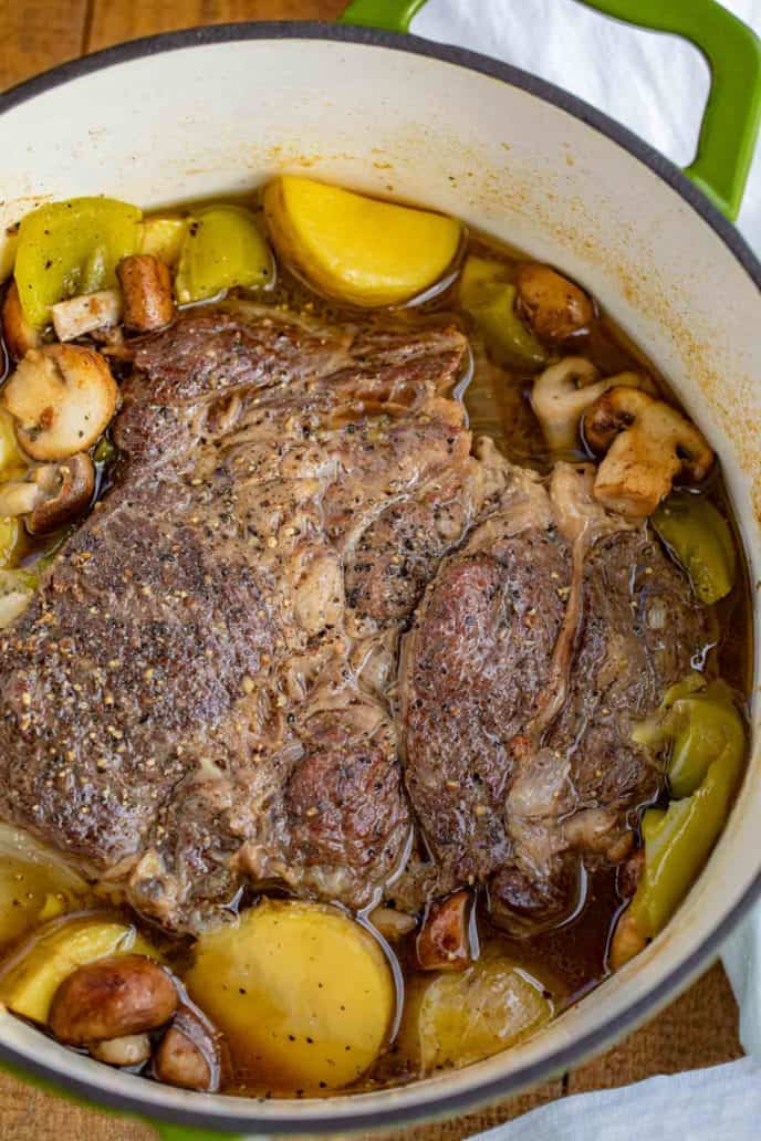 Cheesesteak Pot Roast with Bell Peppers Onions and Mushrooms