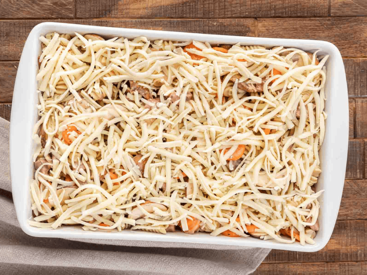 Uncooked casserole in baking dish