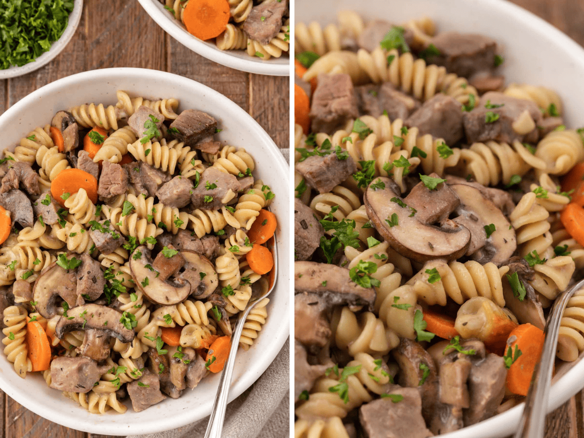 Collage casserole served in bowl with fork