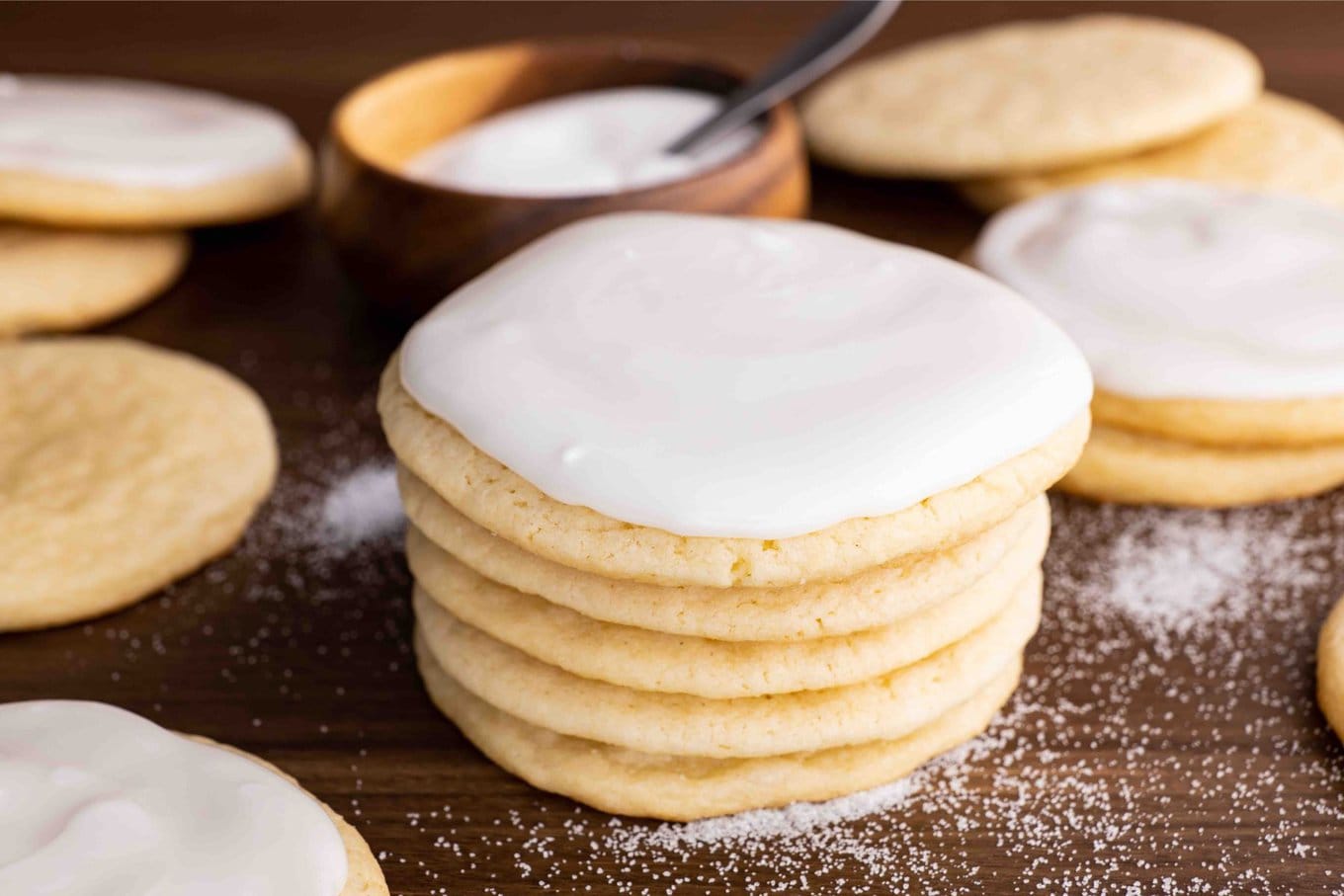 Rolled Sugar Cookies in stack with buttercream icing