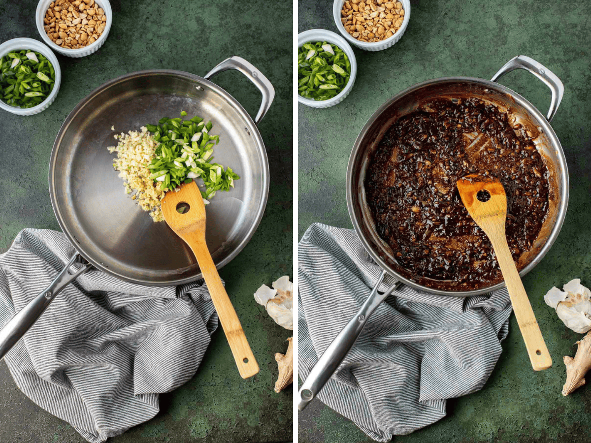 collage of adding ingredients to the pan