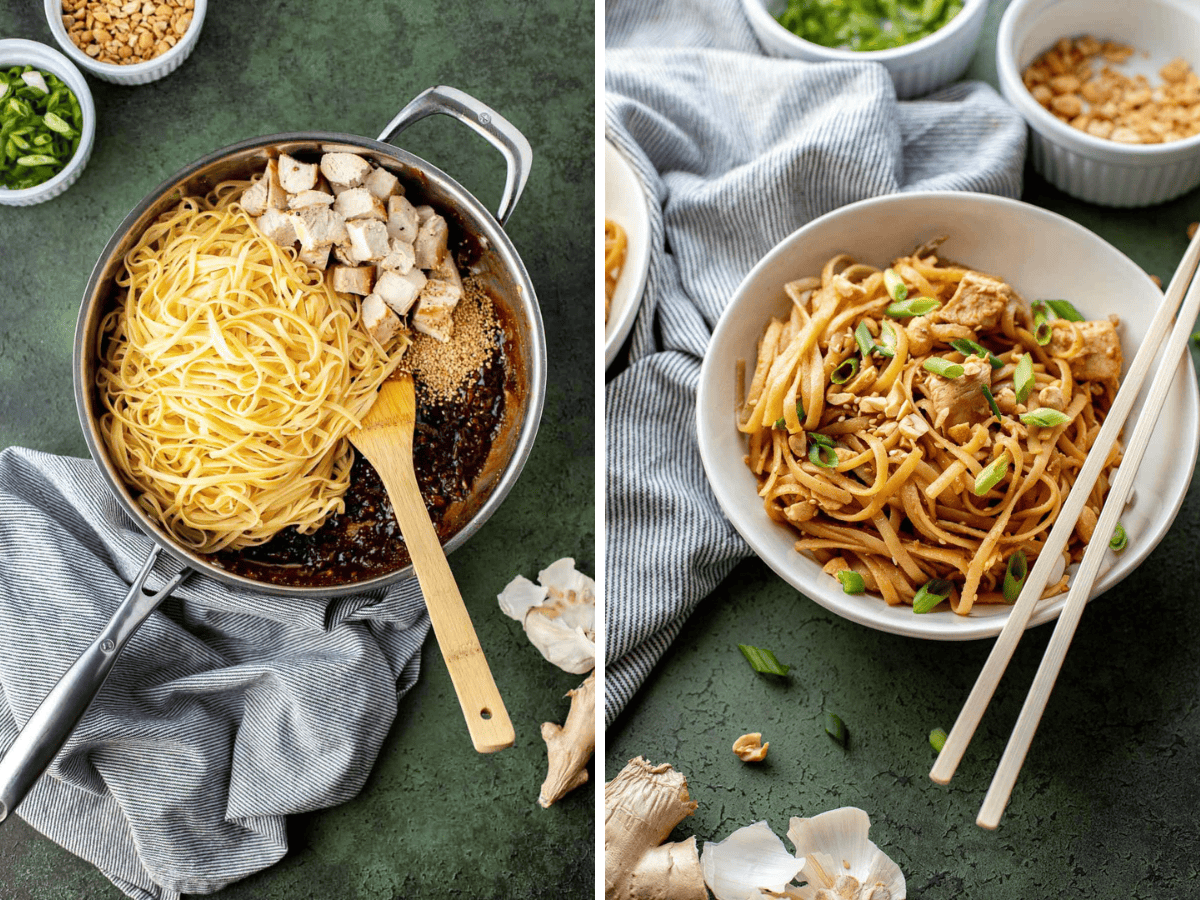 collage of adding chicken and noodles and finished recipe in a bowl