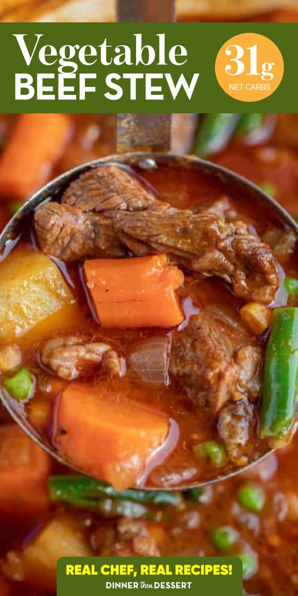 Ladling stew over a pot with title over top