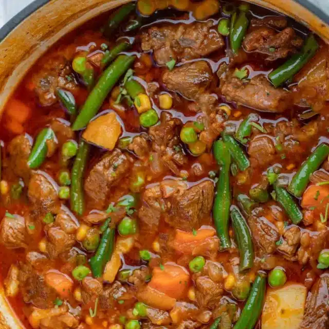 stew with meat and veggies in a dutch oven