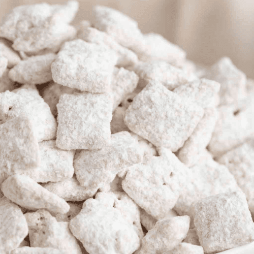 White chocolate chex in a white bowl