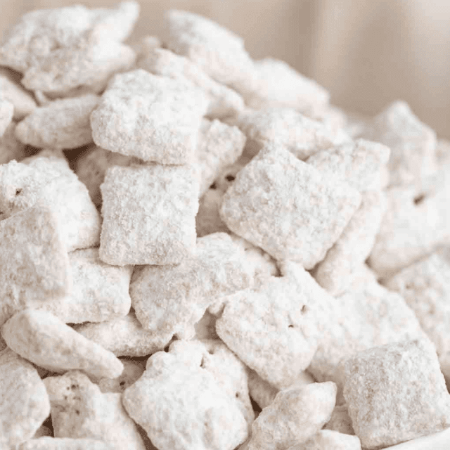 White chocolate chex in a white bowl