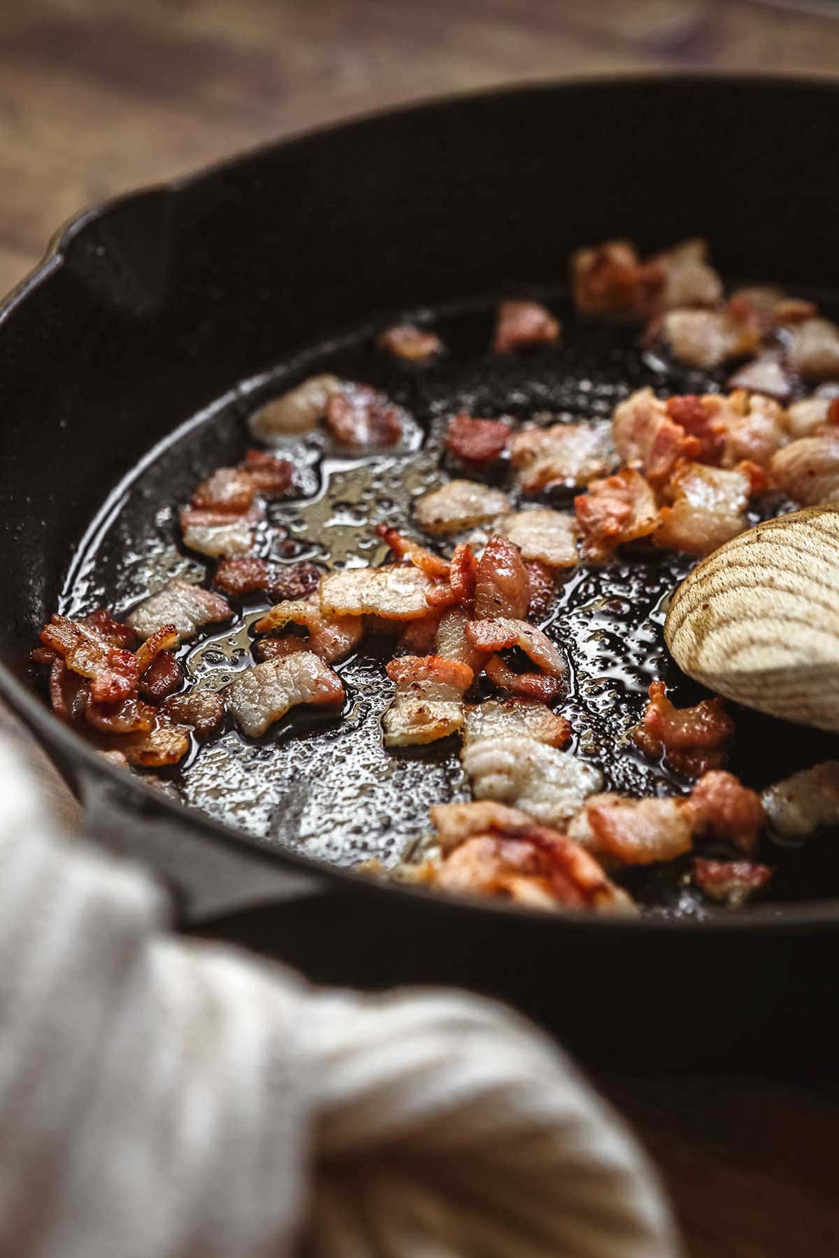 Bacon Carbonara Pasta bacon cooking in cast iron pan
