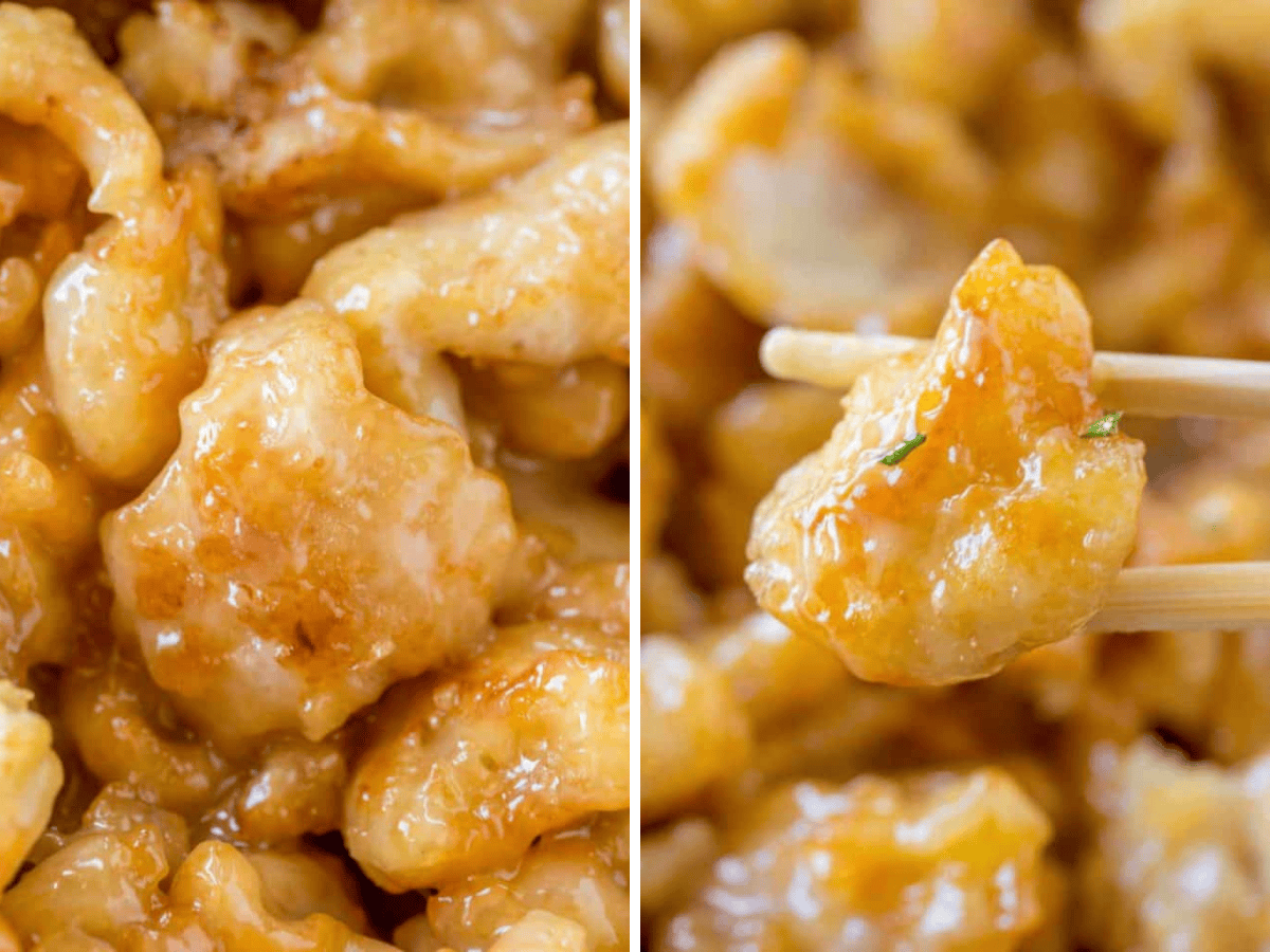 collage of close up of chicken and chopstick close up of chicken