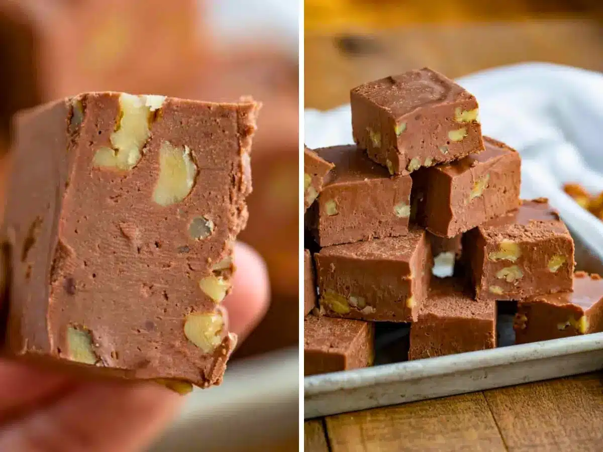 Single square of fudge next to stack of fudge with nuts