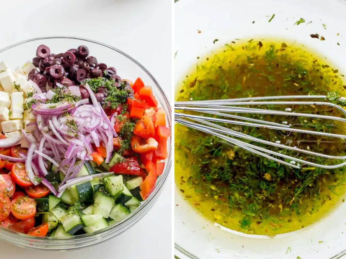ingredients in a bowl and dressing collage