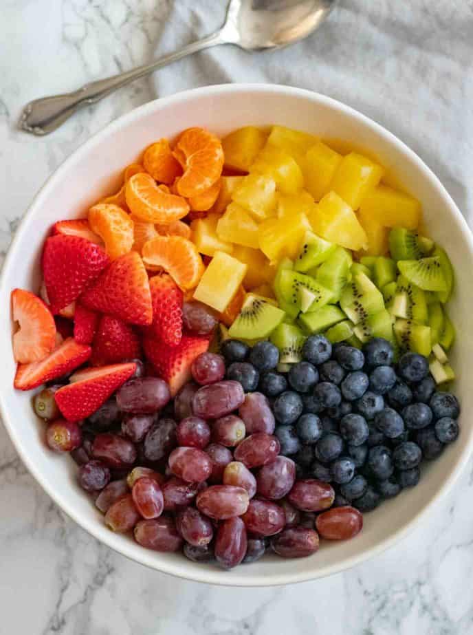 Rainbow fruit salad and honeyed yoghurt