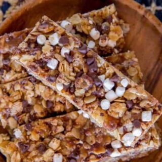 Snack bars on a plate, aerial view