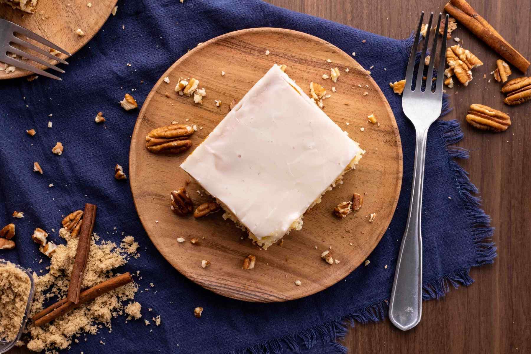 Honey Bun Cake slice on plate from top view