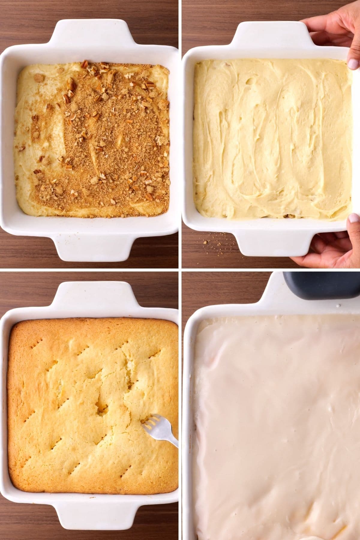 Honey Bun Cake Collage of baking and frosting steps