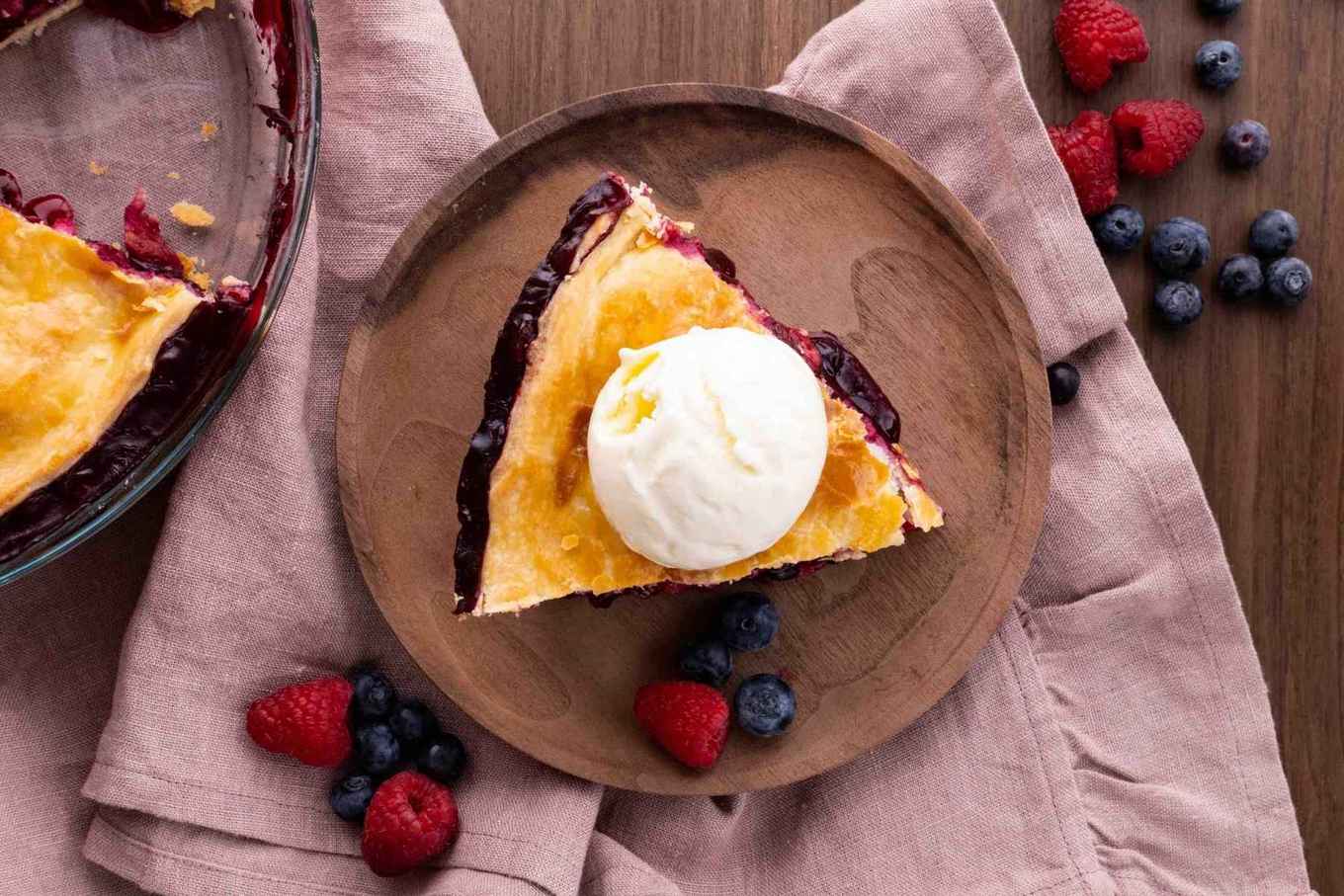 Mixed Berry Pie slice with ice cream top view