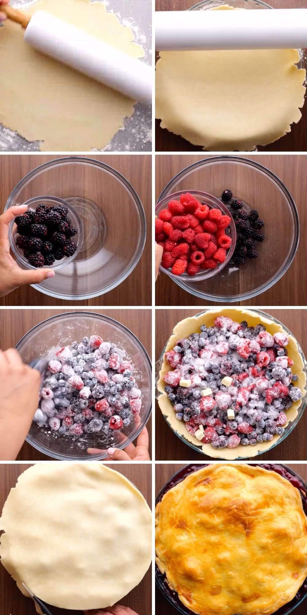 Mixed Berry Pie collage of assembly steps