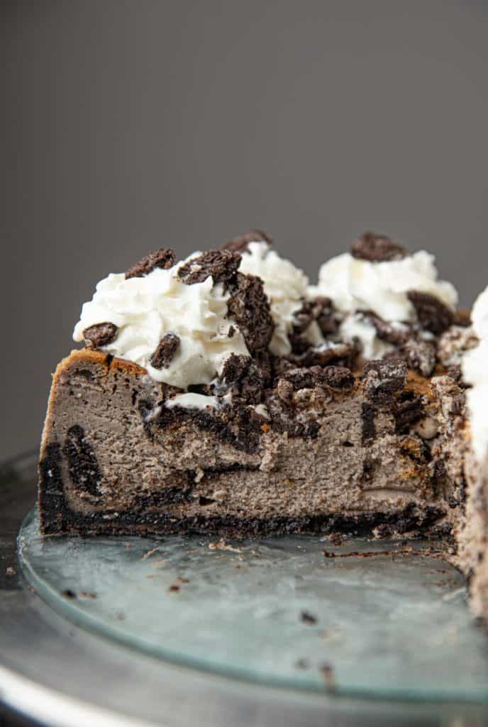 Cross-section of Oreo Cheesecake on glass plate