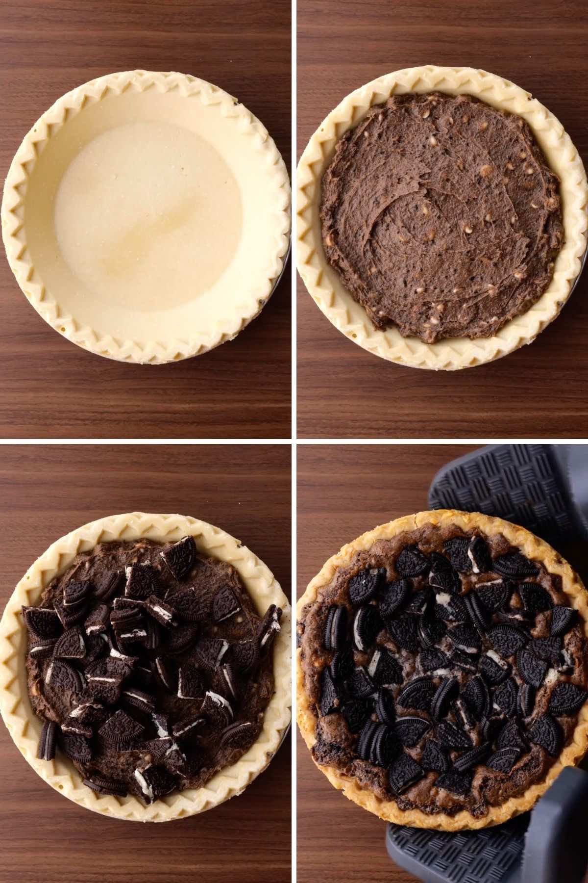 Oreo Chunk Cookie Pie Collage of baking steps