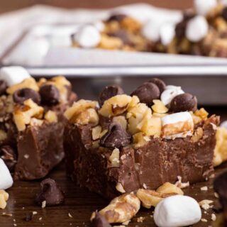 Rocky Road Fudge pieces on board with baking sheet
