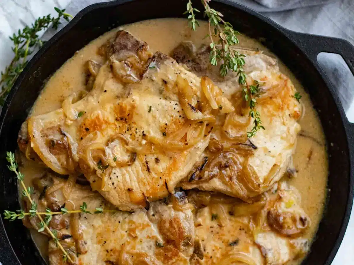 Close up view of pork that has been smothered 