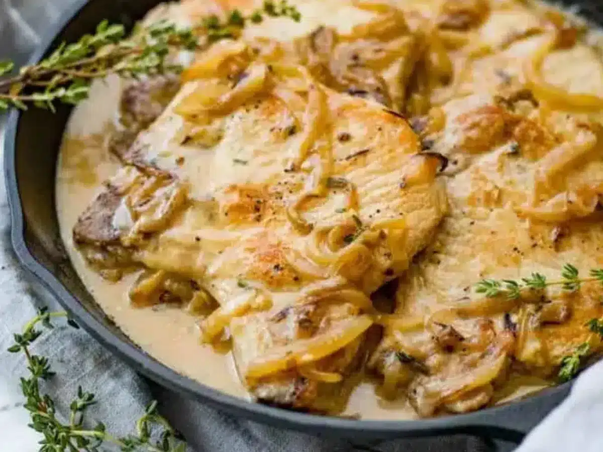 Side view of pork in pan 