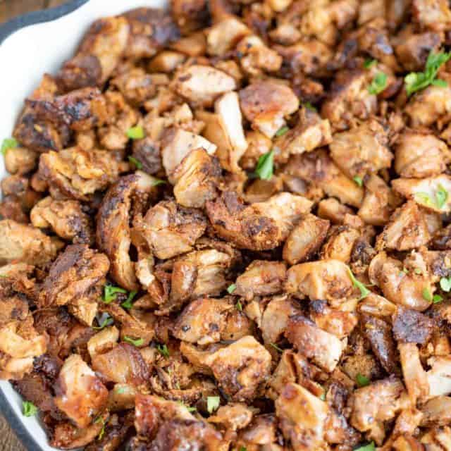 Side of pan with grilled Mexican chicken