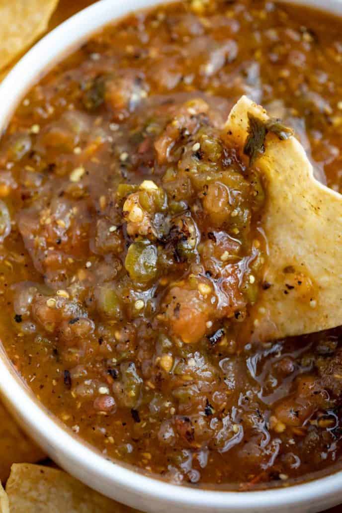 Chipotle Tomatillo Jalapeno Salsa Roasted Chip Dipping in Bowl