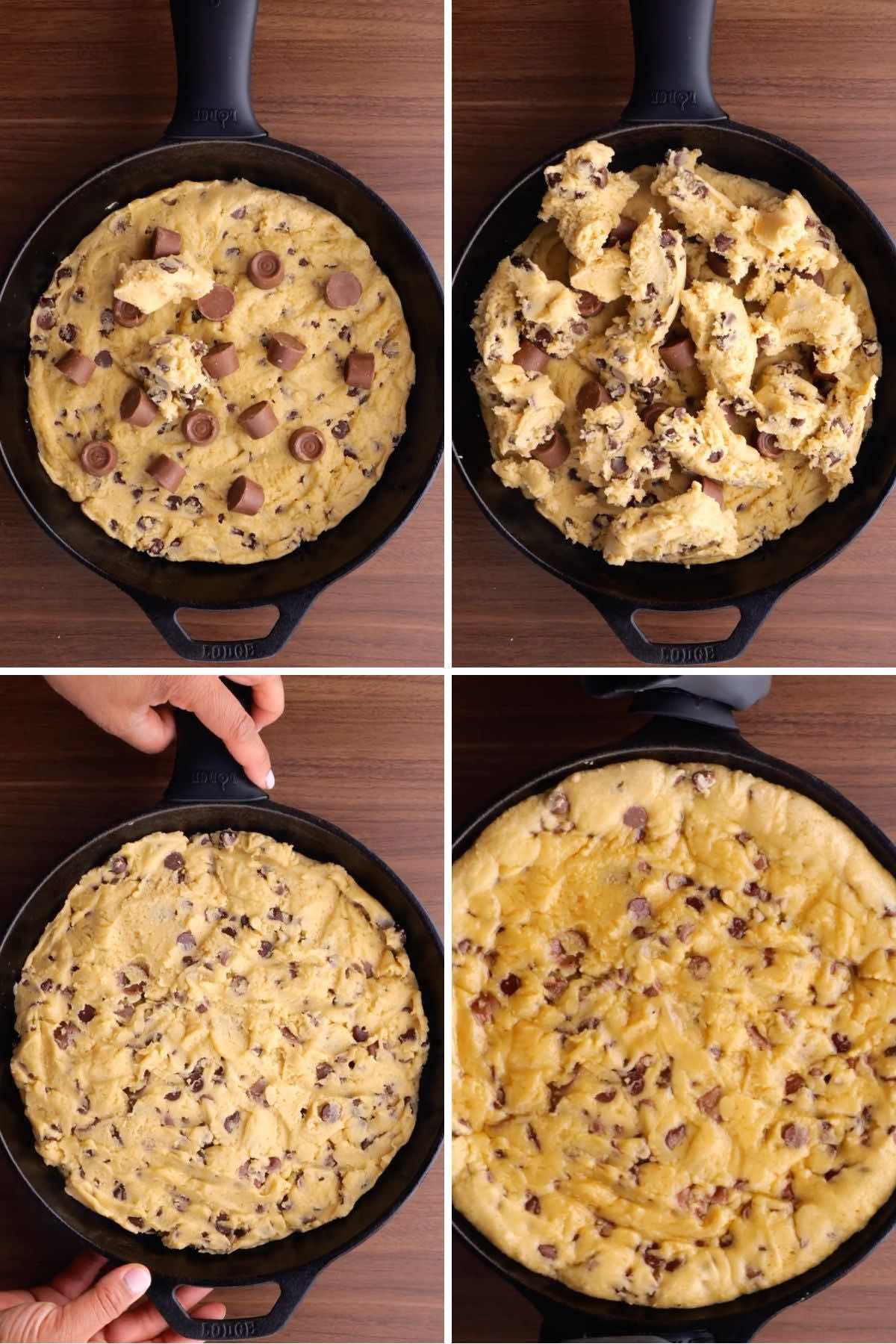 Chocolate Caramel Cookie Pizza Collage of baking steps