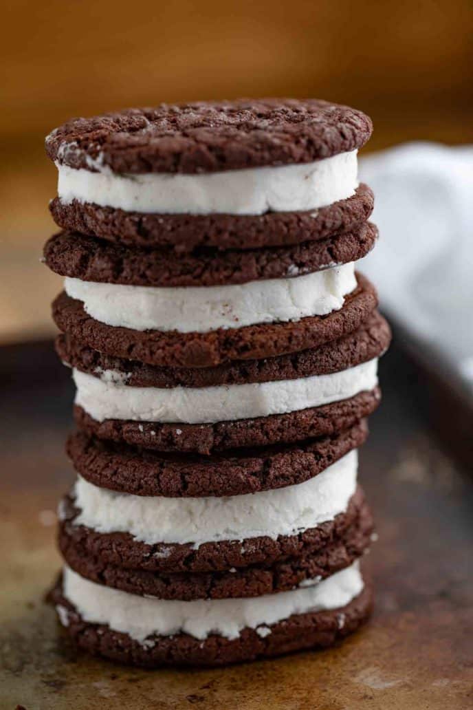 Chocolate Cookie Sandwiches with Marshmallow Filling stack of cookies