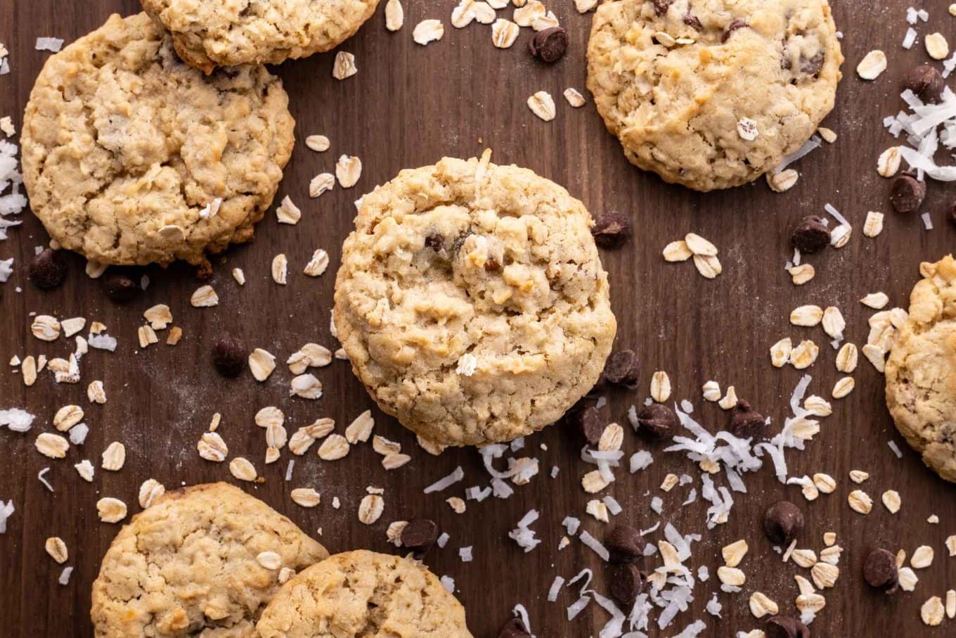 Cowboy Cookies on board with coconut flakes and chocolate chips