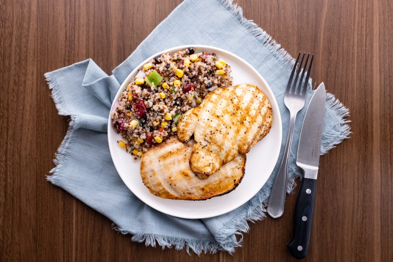 Easy Grilled Chicken on plate with quinoa salad