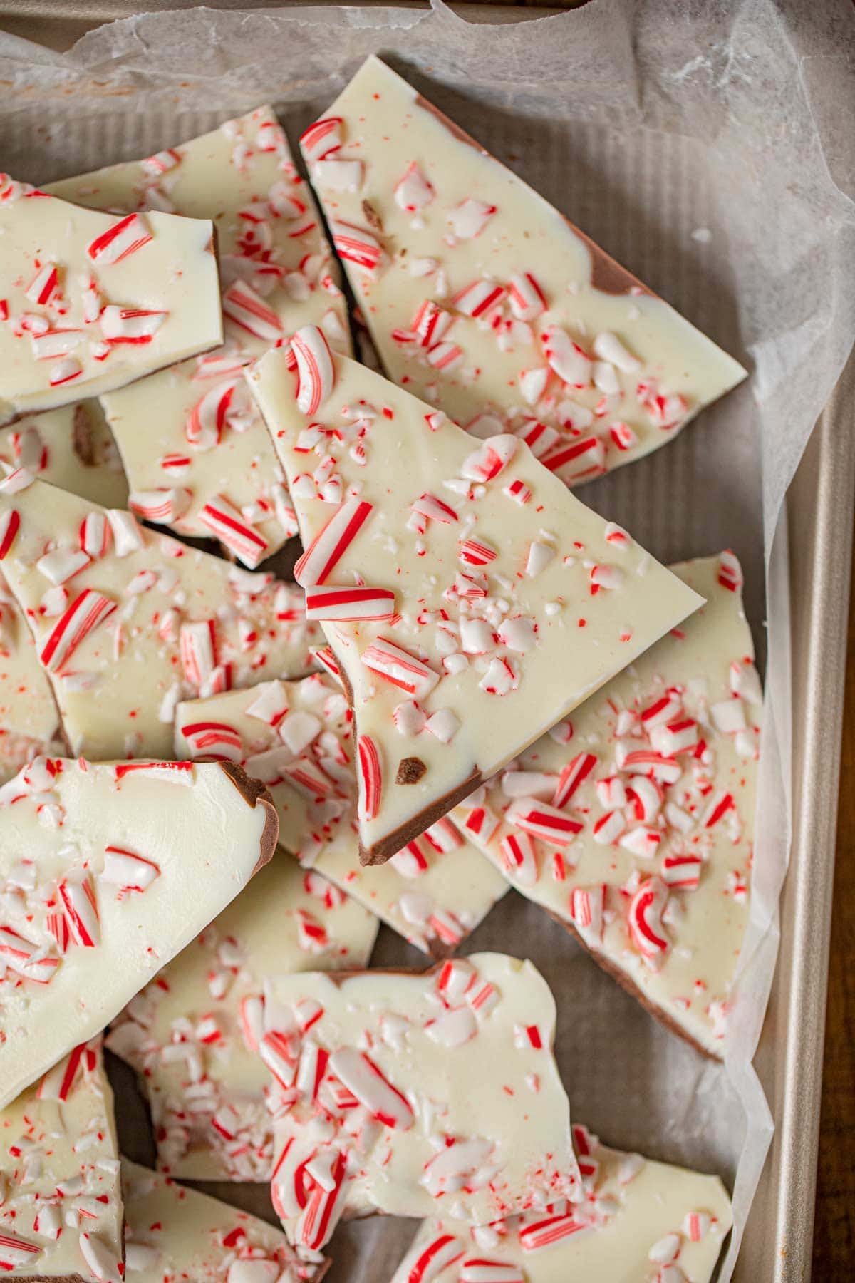 Peppermint Bark Pieces in baking pan