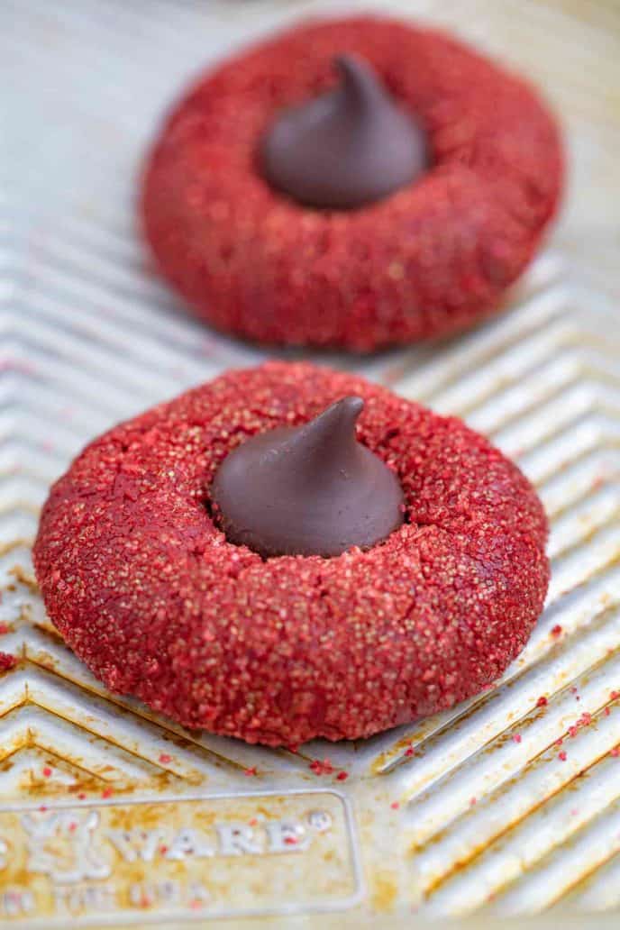Red Velvet Kiss Cookies on baking sheet