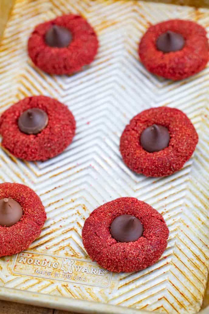 Red Velvet Kiss Cookies on baking sheet