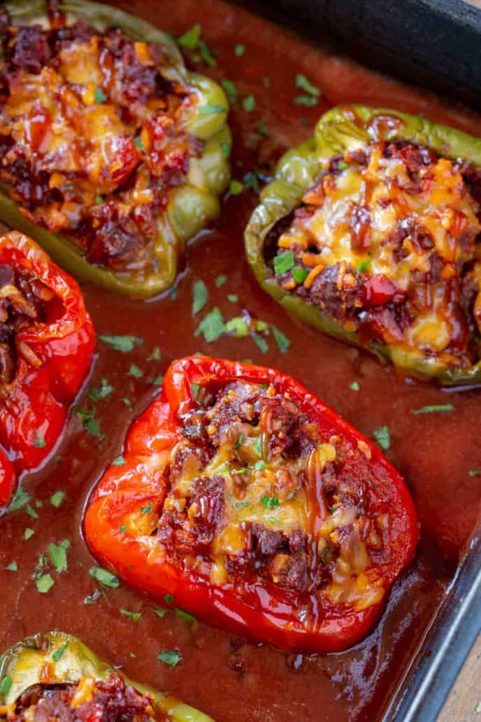 Red Bell Pepper Stuffed with BBQ Sauce, Beef and Cheese