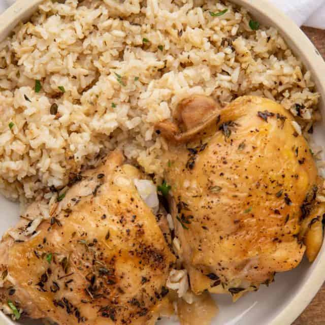 Plate with baked chicken and rice casserole