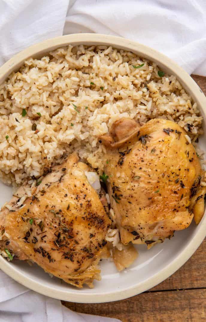 Plate with baked chicken and rice casserole