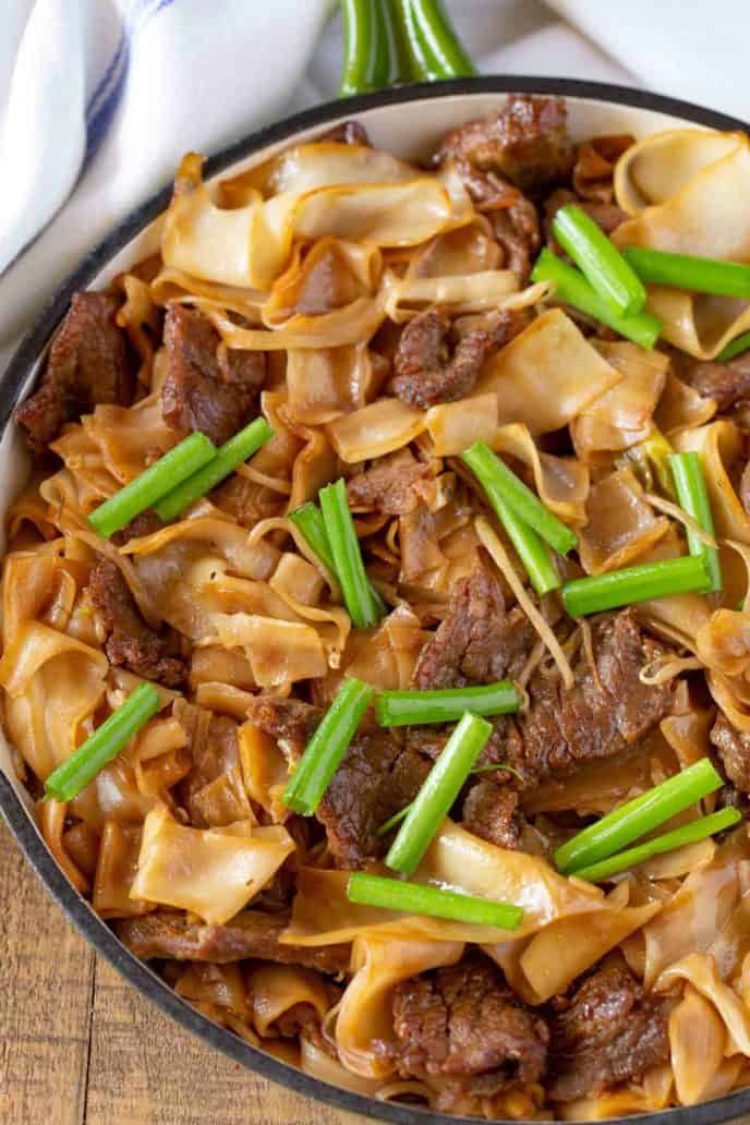 Cantonese Beef Chow Fun Recipe in pan with Green Onions