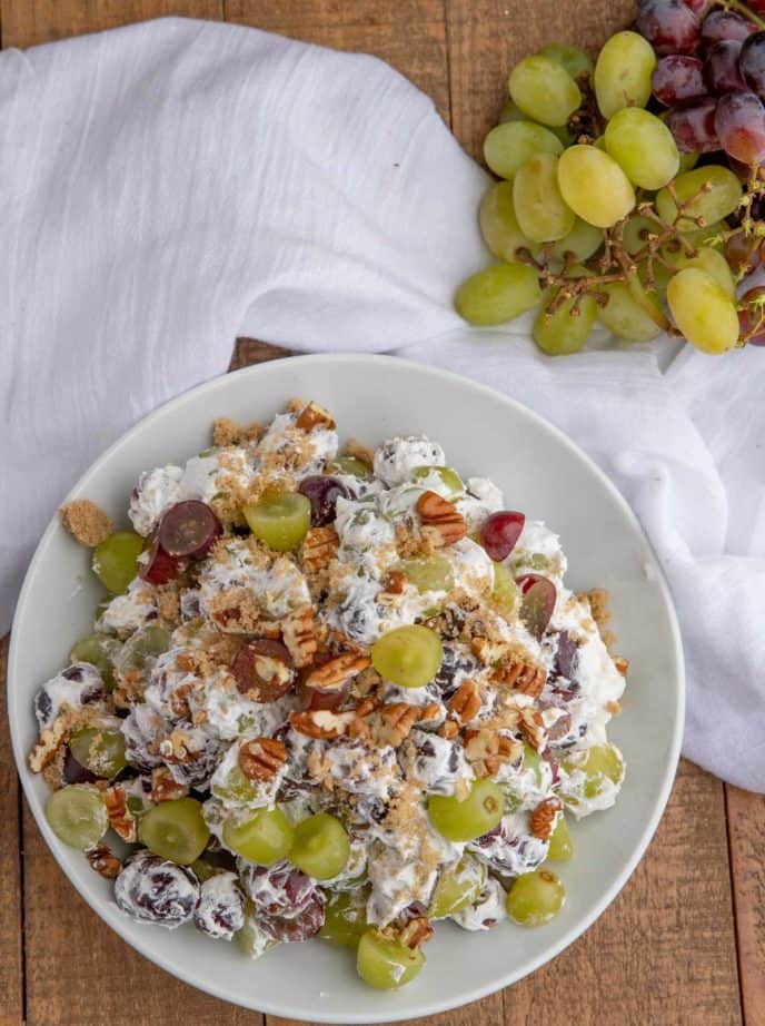 Creamy Grape Salad in white bowl from top down