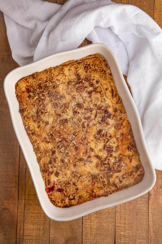 Cherry Dump Cake Recipe in Baking Dish with white towel