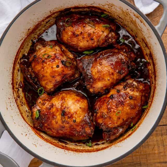 Filipino Adobo Chicken in a white pot ready to serve
