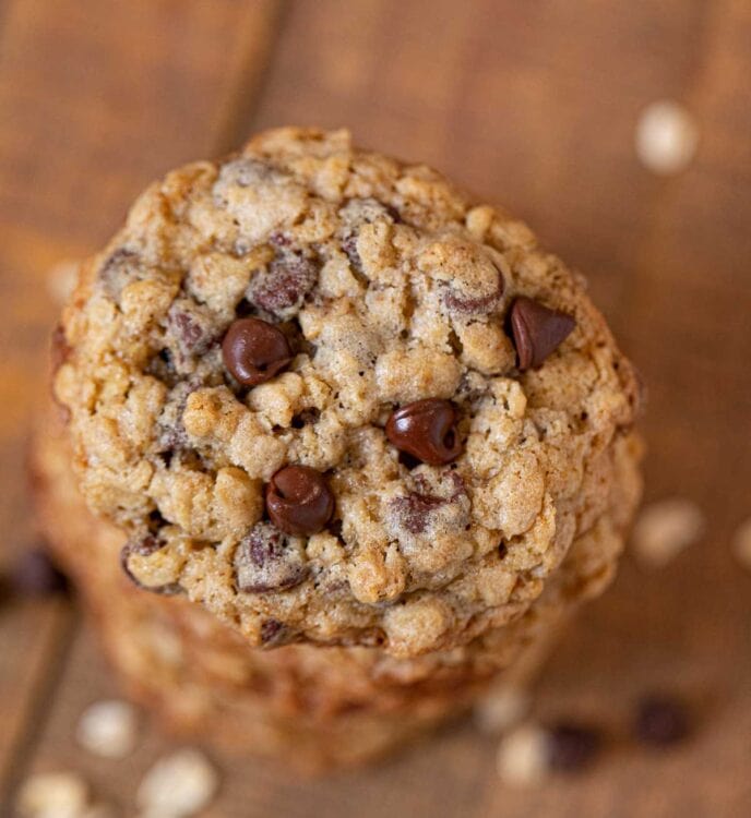 Oatmeal Chocolate Chip Cookies in stack, top-down view