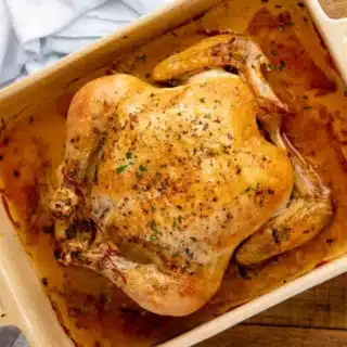 top down view of whole roasted chicken